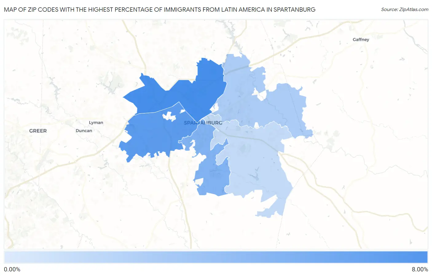 Zip Codes with the Highest Percentage of Immigrants from Latin America in Spartanburg Map