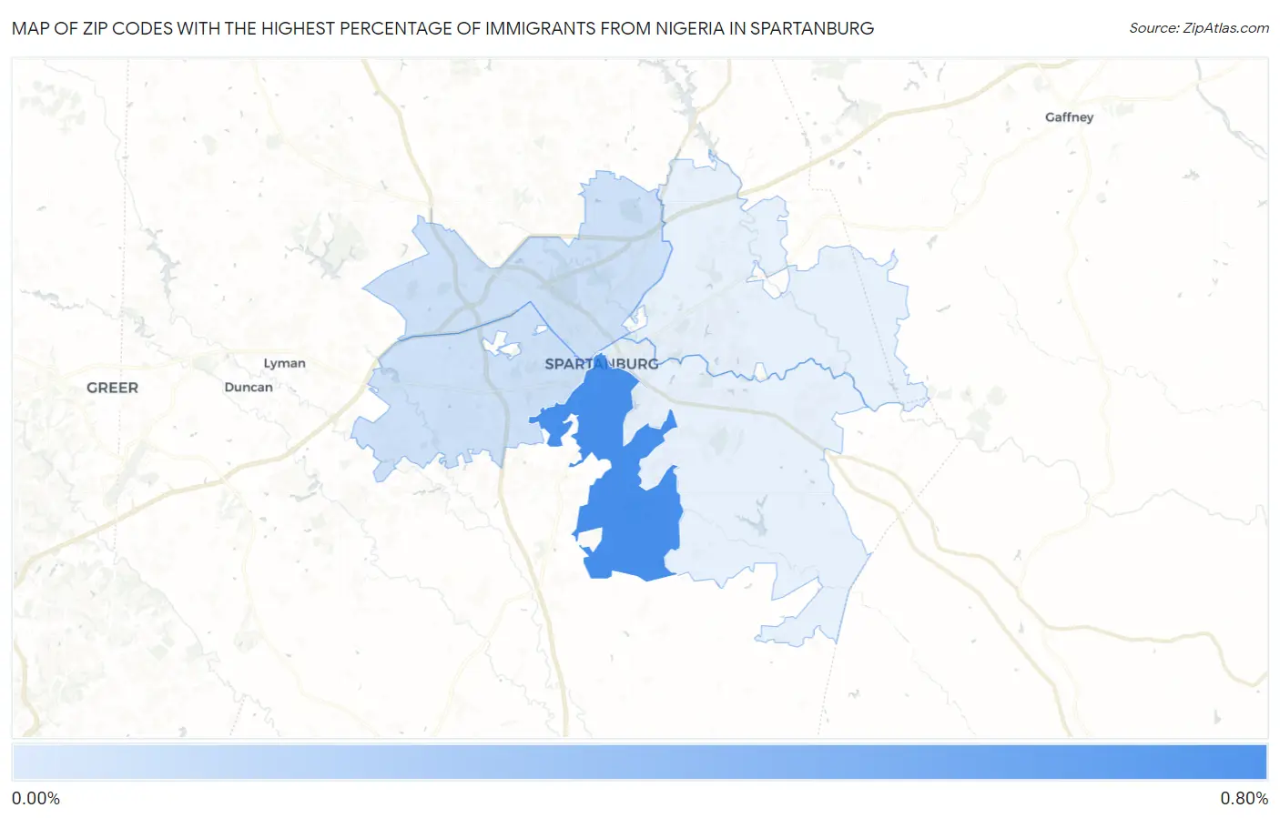 Zip Codes with the Highest Percentage of Immigrants from Nigeria in Spartanburg Map