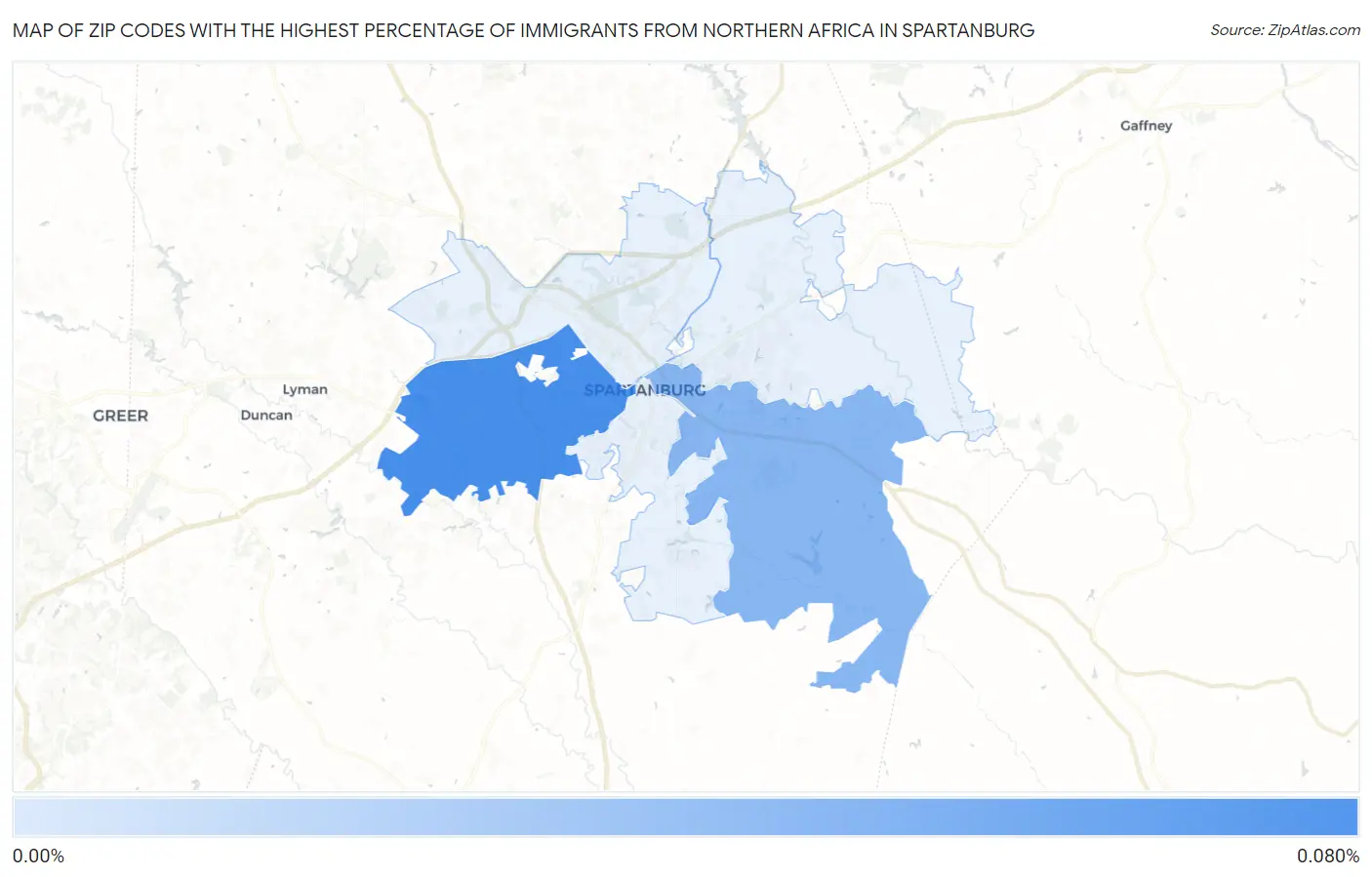 Zip Codes with the Highest Percentage of Immigrants from Northern Africa in Spartanburg Map