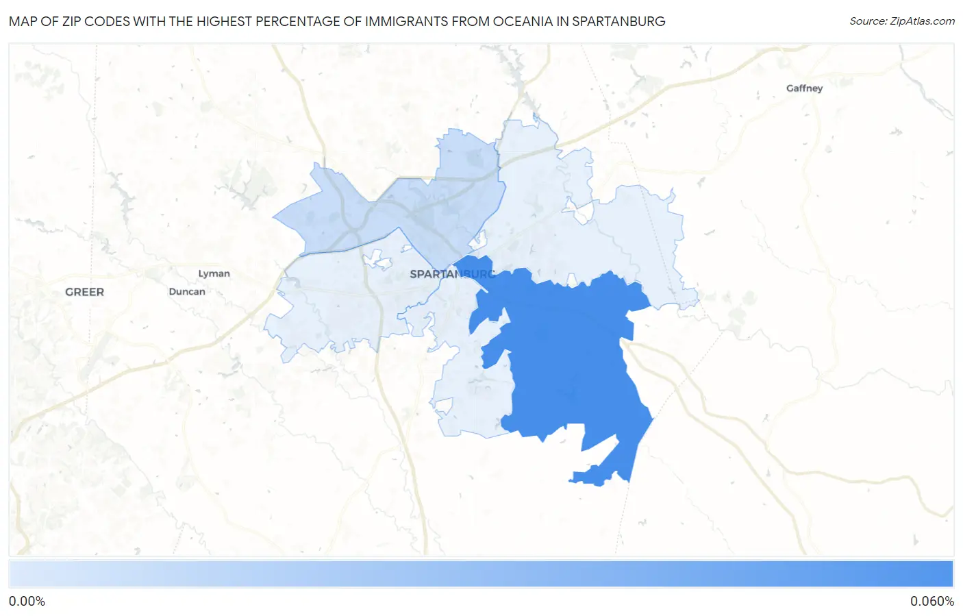 Zip Codes with the Highest Percentage of Immigrants from Oceania in Spartanburg Map
