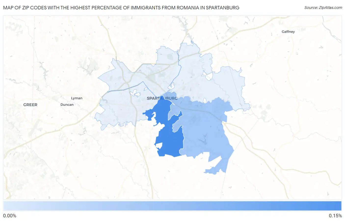 Zip Codes with the Highest Percentage of Immigrants from Romania in Spartanburg Map