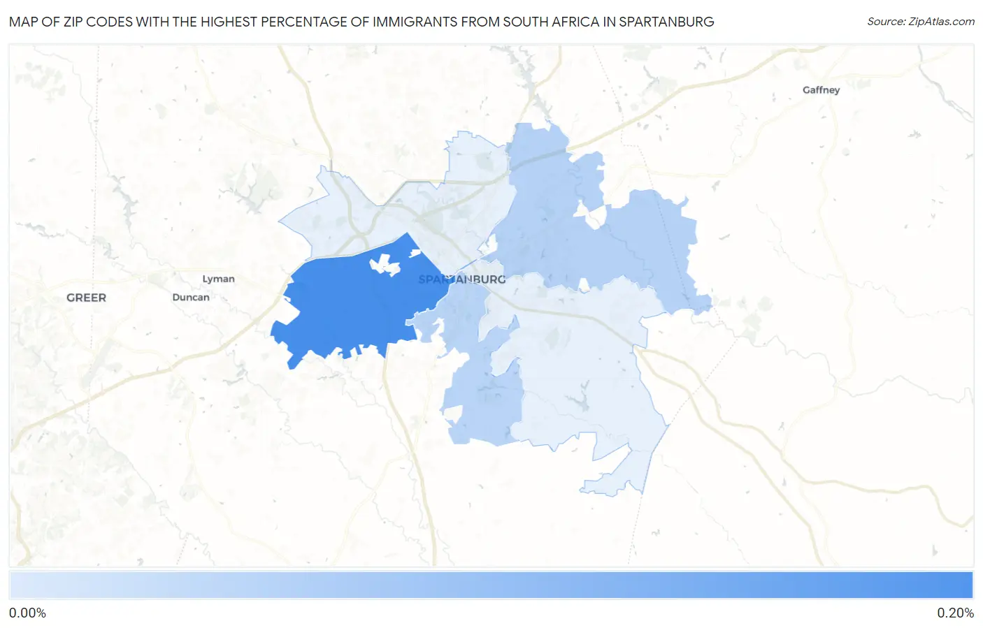 Zip Codes with the Highest Percentage of Immigrants from South Africa in Spartanburg Map