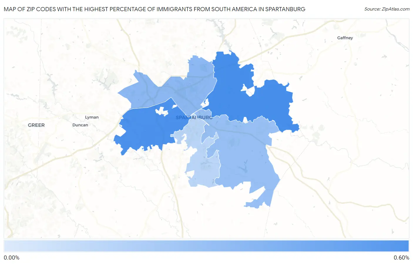 Zip Codes with the Highest Percentage of Immigrants from South America in Spartanburg Map