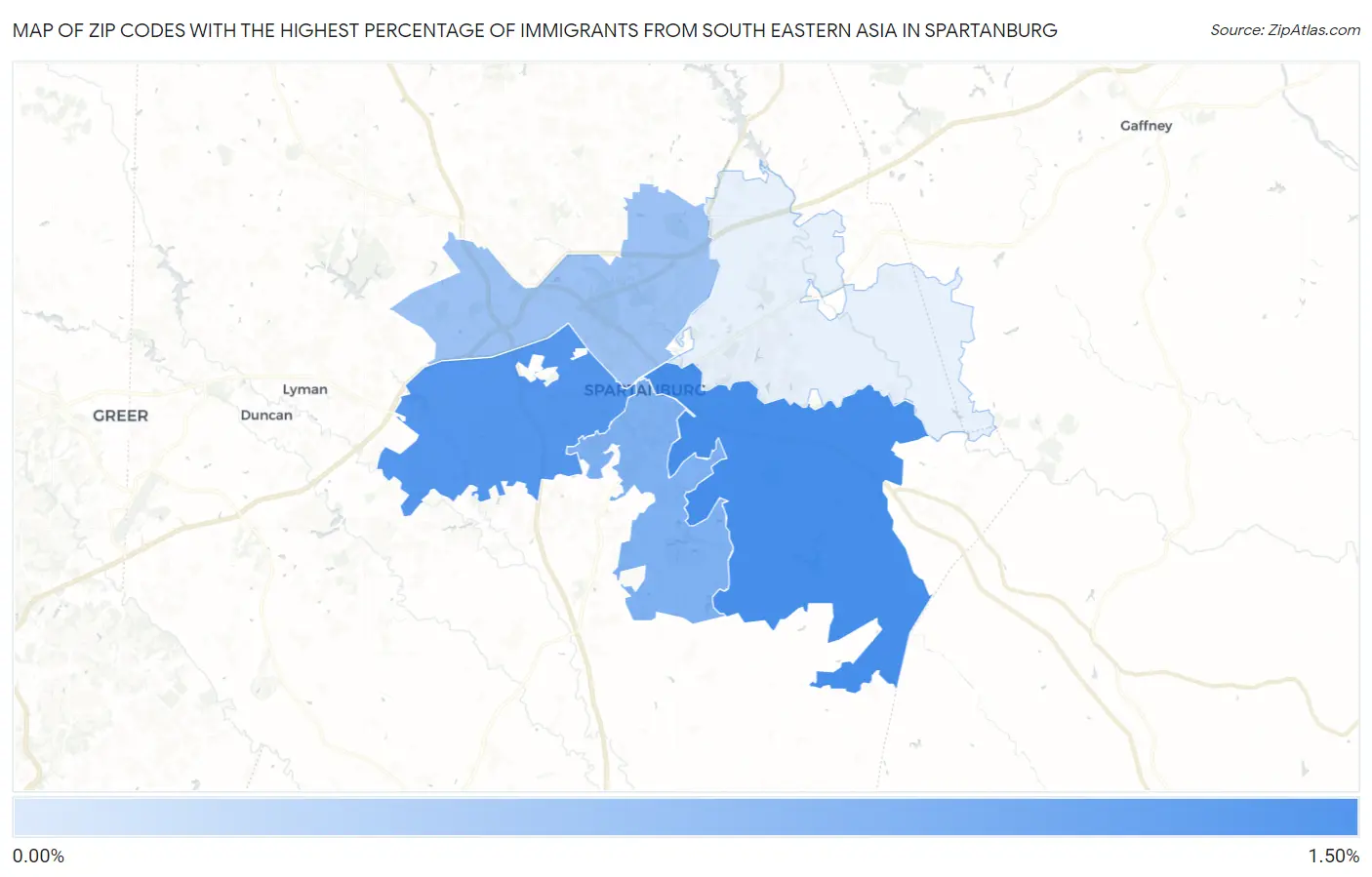 Zip Codes with the Highest Percentage of Immigrants from South Eastern Asia in Spartanburg Map