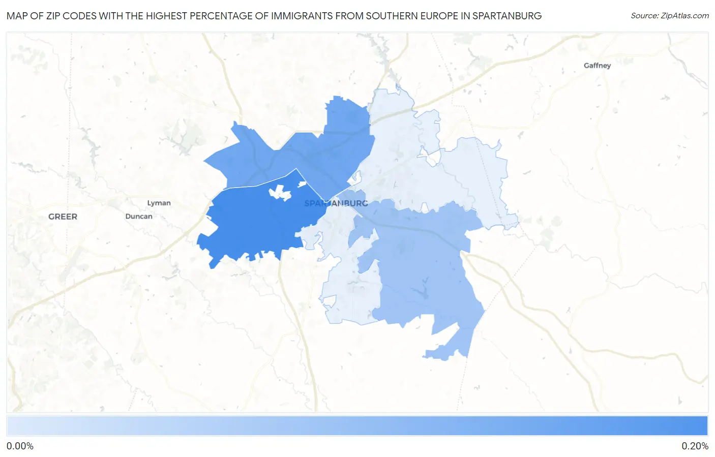 Zip Codes with the Highest Percentage of Immigrants from Southern Europe in Spartanburg Map