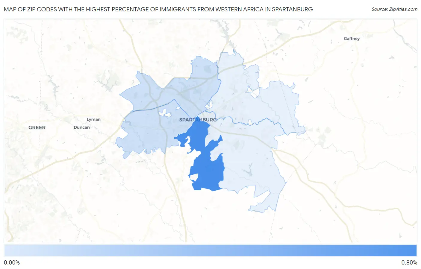 Zip Codes with the Highest Percentage of Immigrants from Western Africa in Spartanburg Map