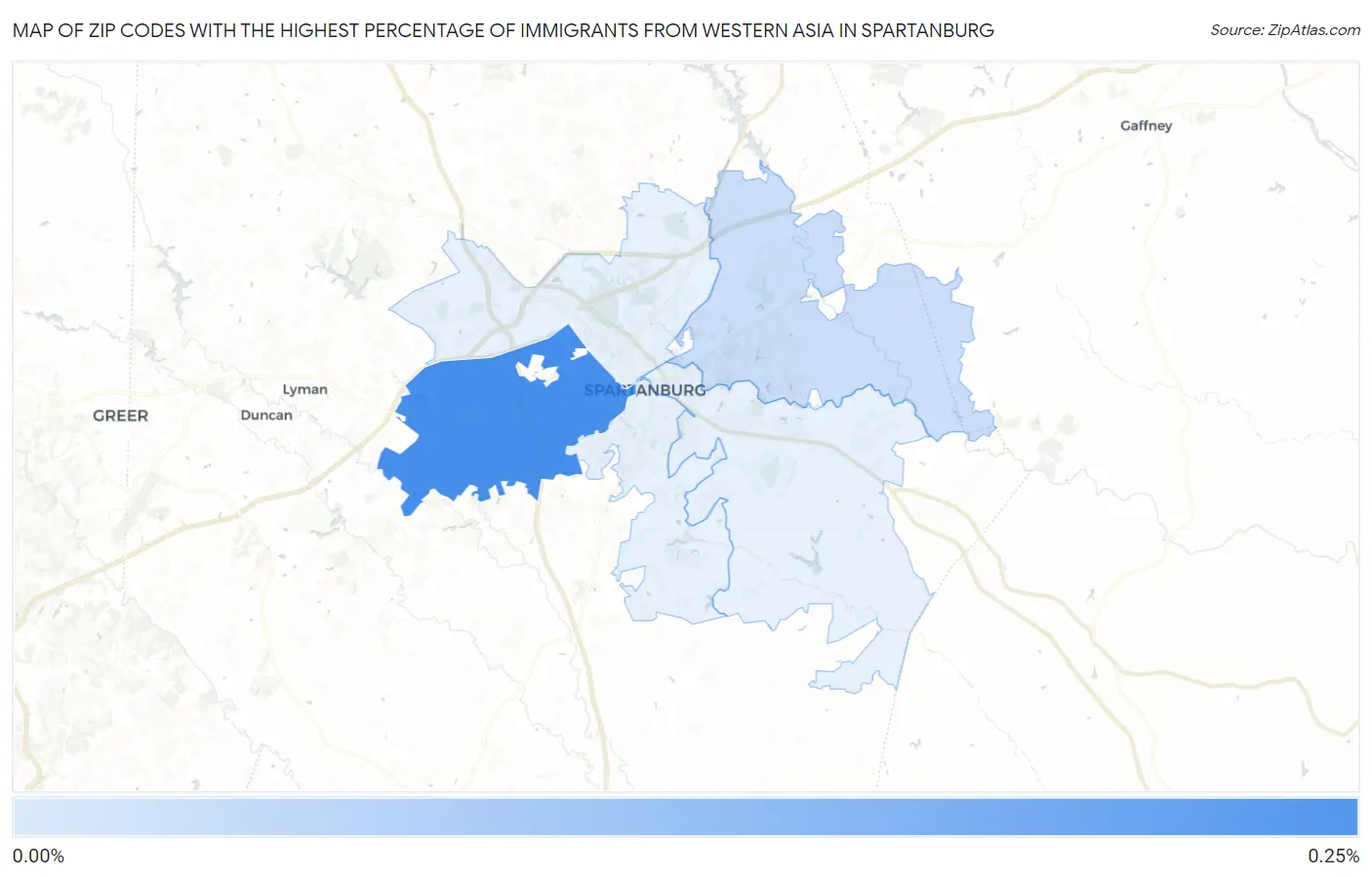 Zip Codes with the Highest Percentage of Immigrants from Western Asia in Spartanburg Map