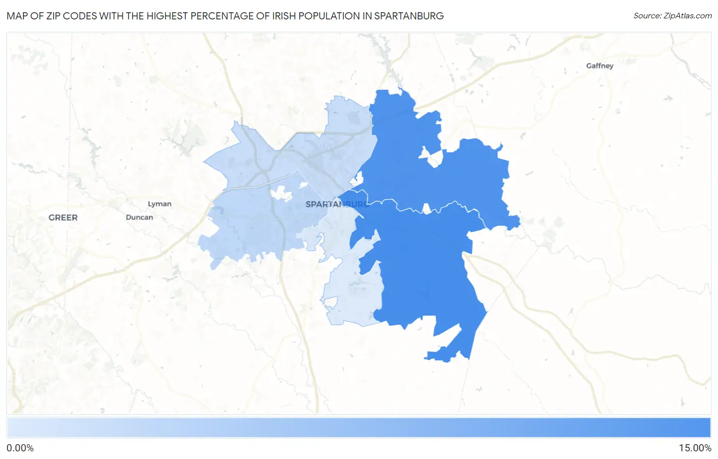 Zip Codes with the Highest Percentage of Irish Population in Spartanburg Map