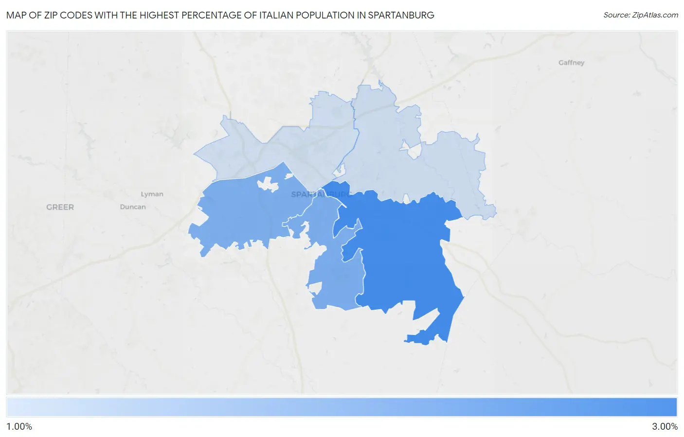 Zip Codes with the Highest Percentage of Italian Population in Spartanburg Map
