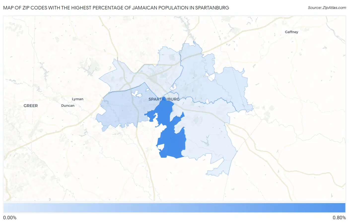 Zip Codes with the Highest Percentage of Jamaican Population in Spartanburg Map