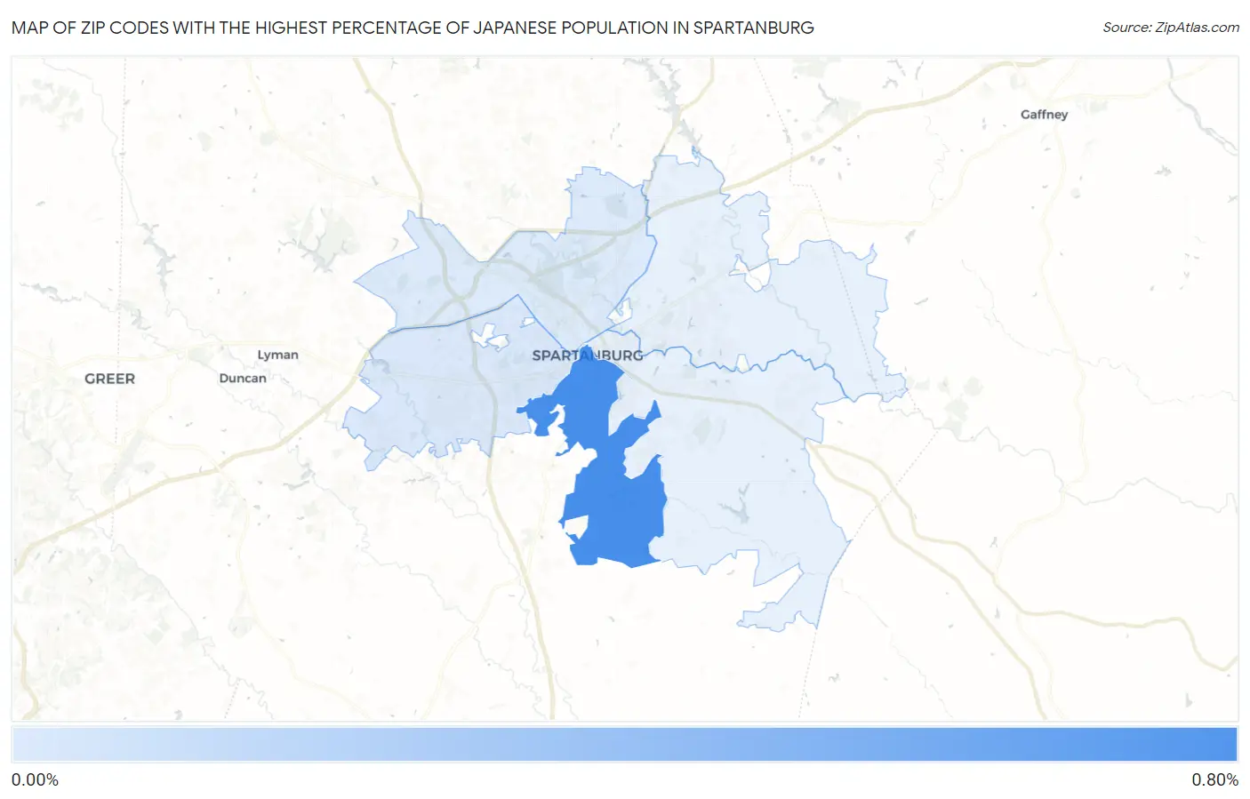 Zip Codes with the Highest Percentage of Japanese Population in Spartanburg Map