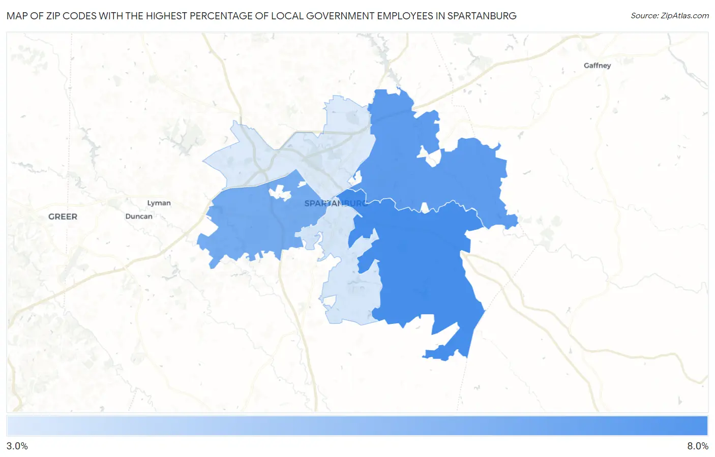 Zip Codes with the Highest Percentage of Local Government Employees in Spartanburg Map