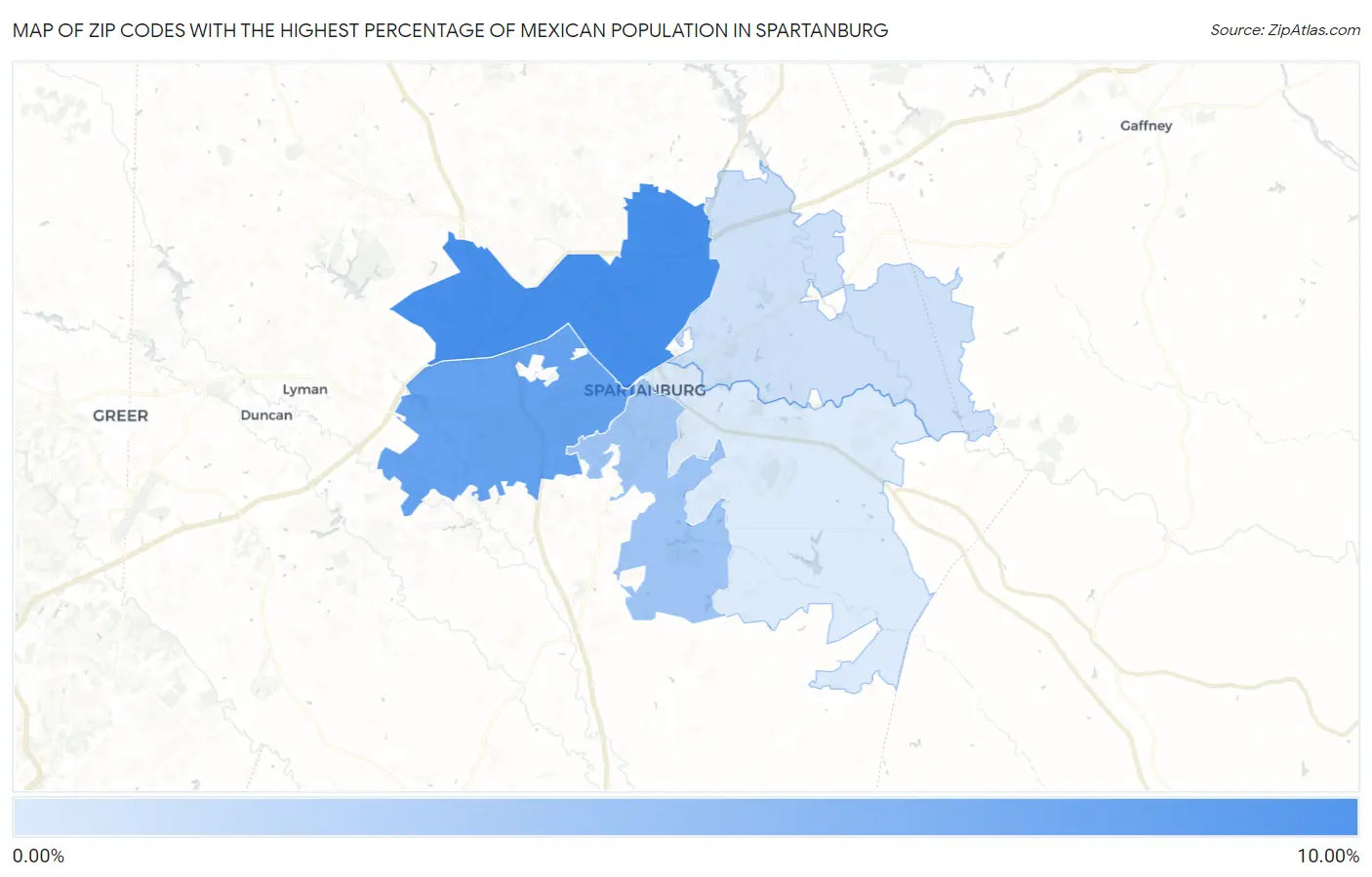 Zip Codes with the Highest Percentage of Mexican Population in Spartanburg Map