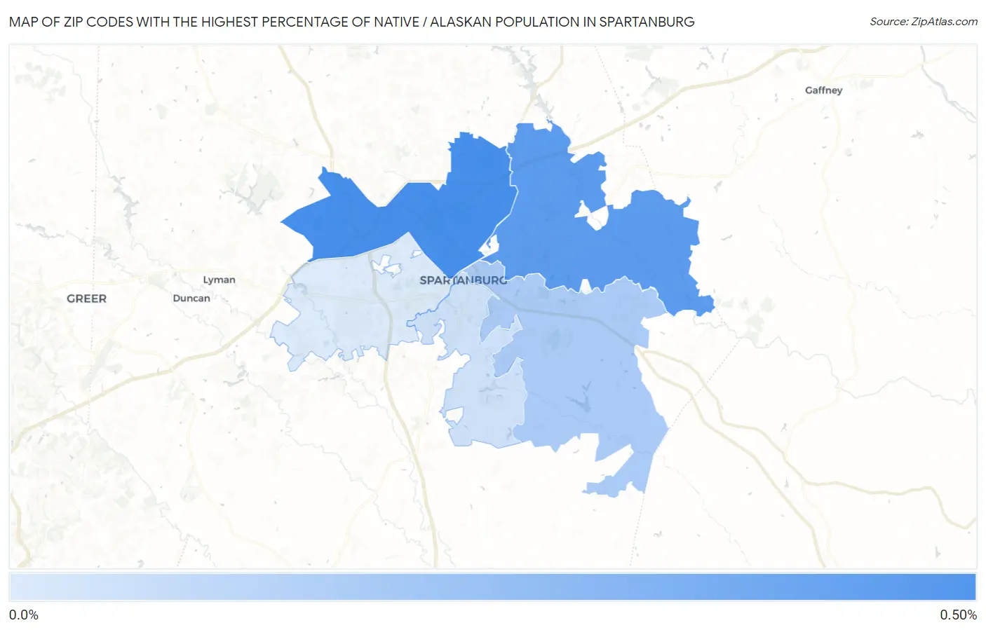 Zip Codes with the Highest Percentage of Native / Alaskan Population in Spartanburg Map