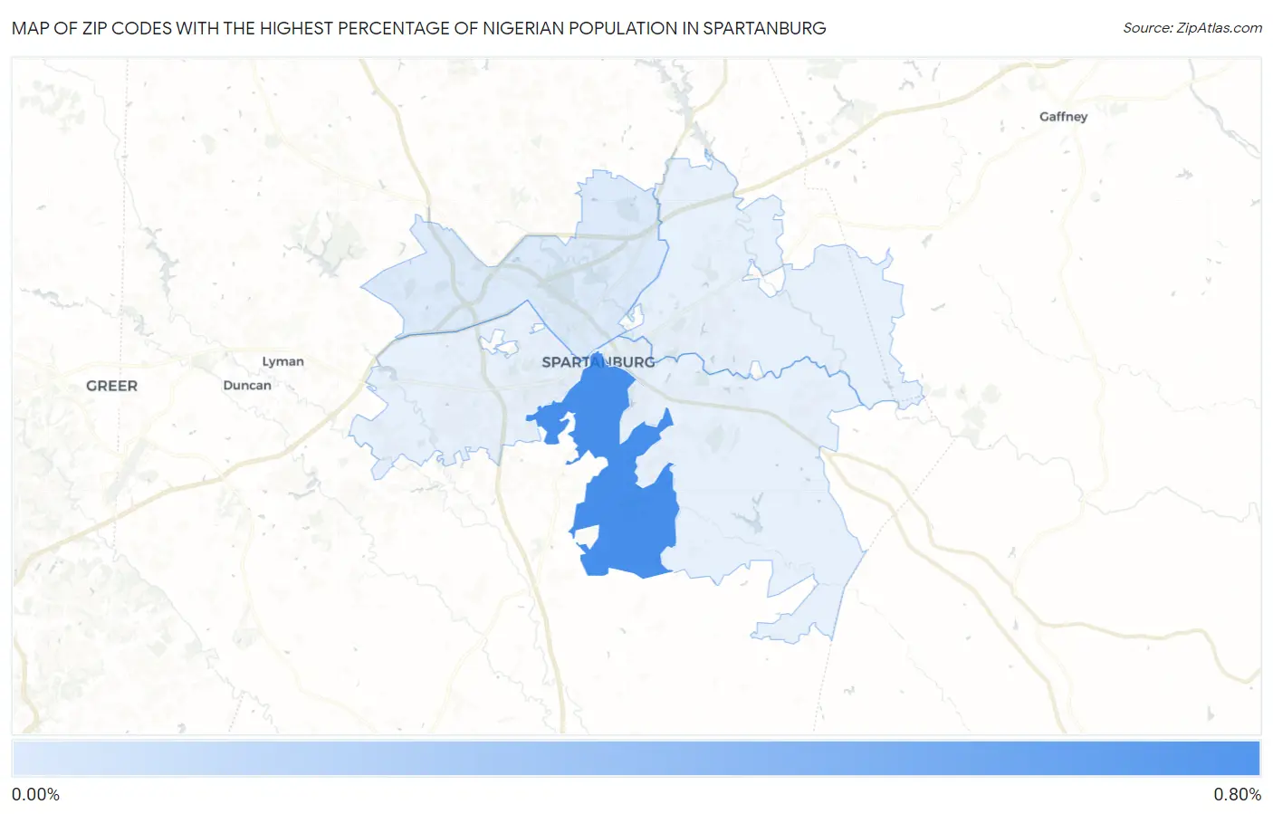 Zip Codes with the Highest Percentage of Nigerian Population in Spartanburg Map