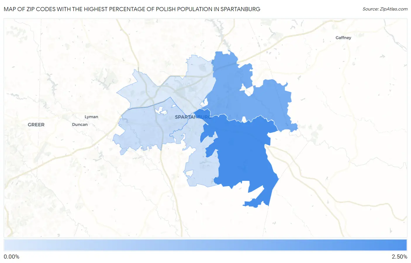 Zip Codes with the Highest Percentage of Polish Population in Spartanburg Map
