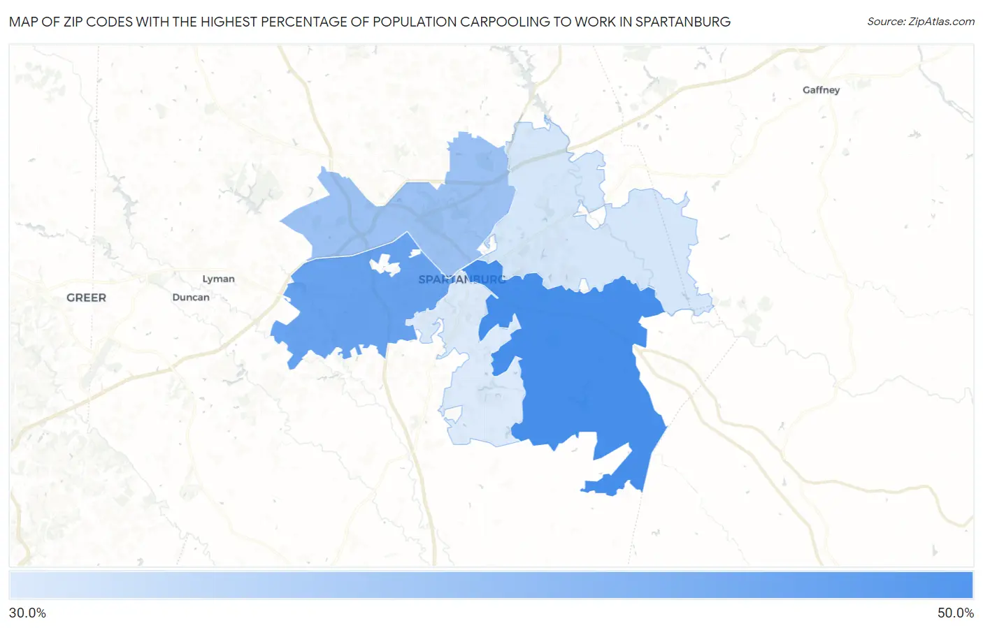Zip Codes with the Highest Percentage of Population Carpooling to Work in Spartanburg Map