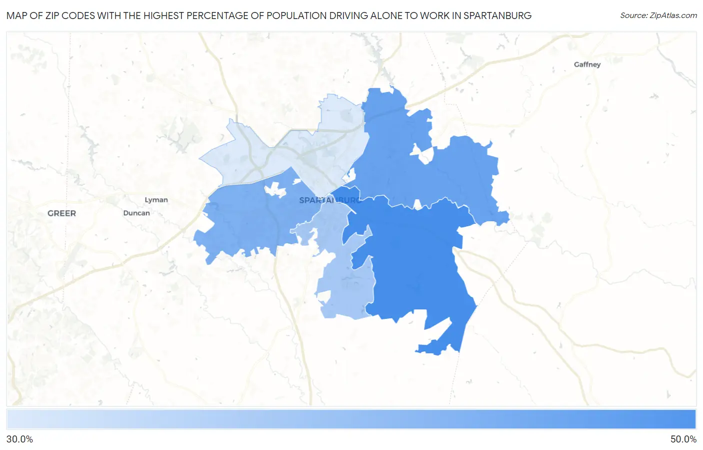 Zip Codes with the Highest Percentage of Population Driving Alone to Work in Spartanburg Map