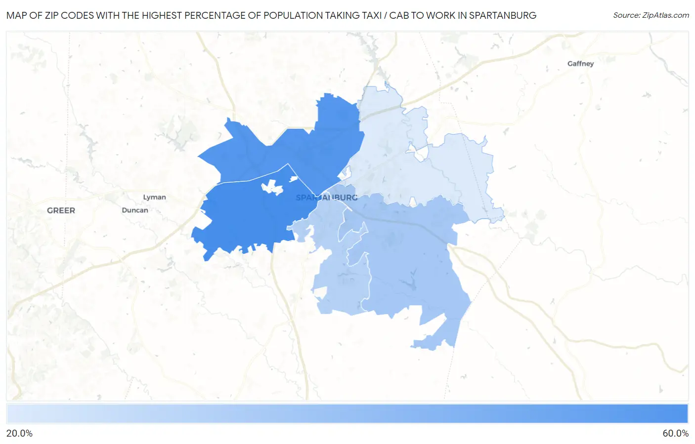 Zip Codes with the Highest Percentage of Population Taking Taxi / Cab to Work in Spartanburg Map