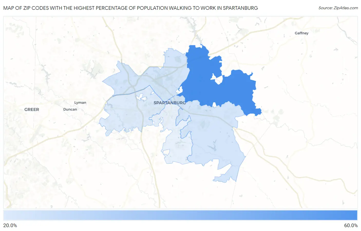 Zip Codes with the Highest Percentage of Population Walking to Work in Spartanburg Map