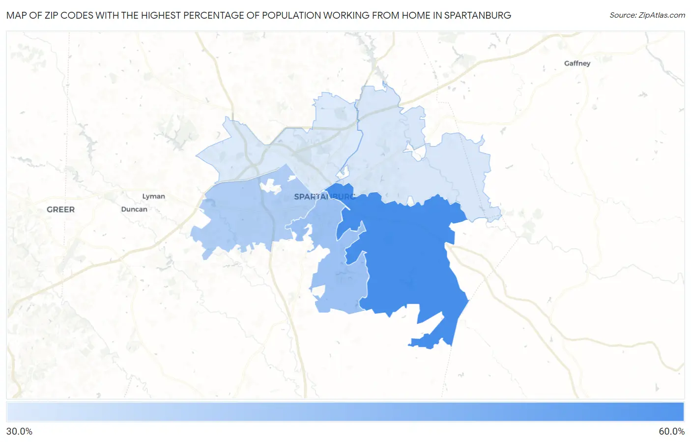 Zip Codes with the Highest Percentage of Population Working from Home in Spartanburg Map