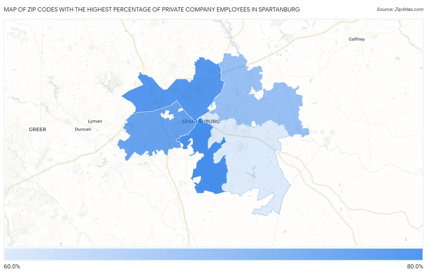 Zip Codes with the Highest Percentage of Private Company Employees in Spartanburg Map