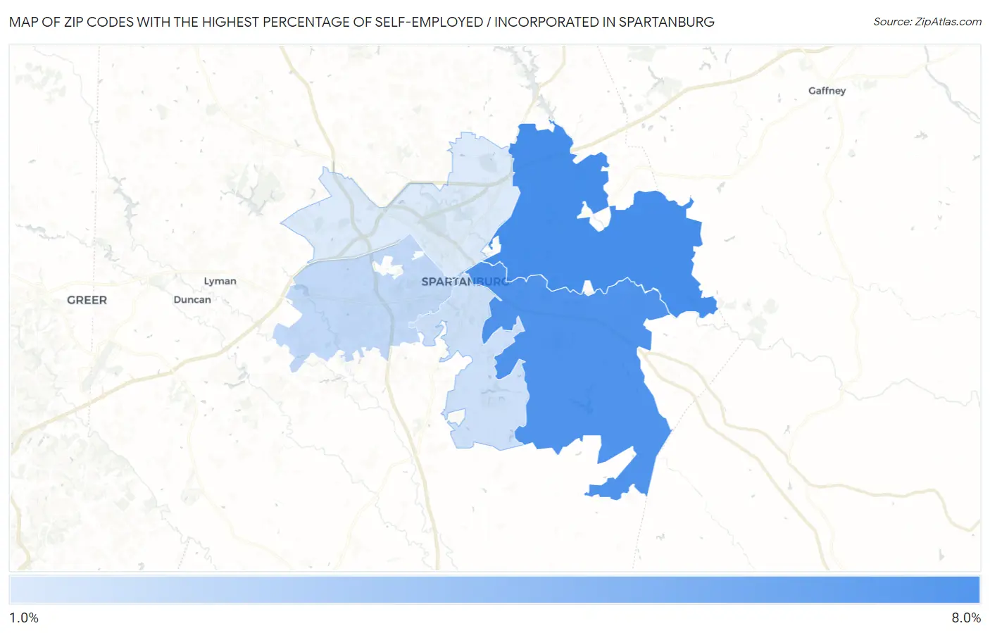 Zip Codes with the Highest Percentage of Self-Employed / Incorporated in Spartanburg Map