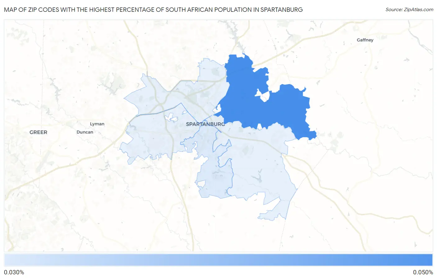 Zip Codes with the Highest Percentage of South African Population in Spartanburg Map