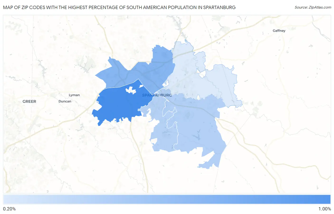 Zip Codes with the Highest Percentage of South American Population in Spartanburg Map