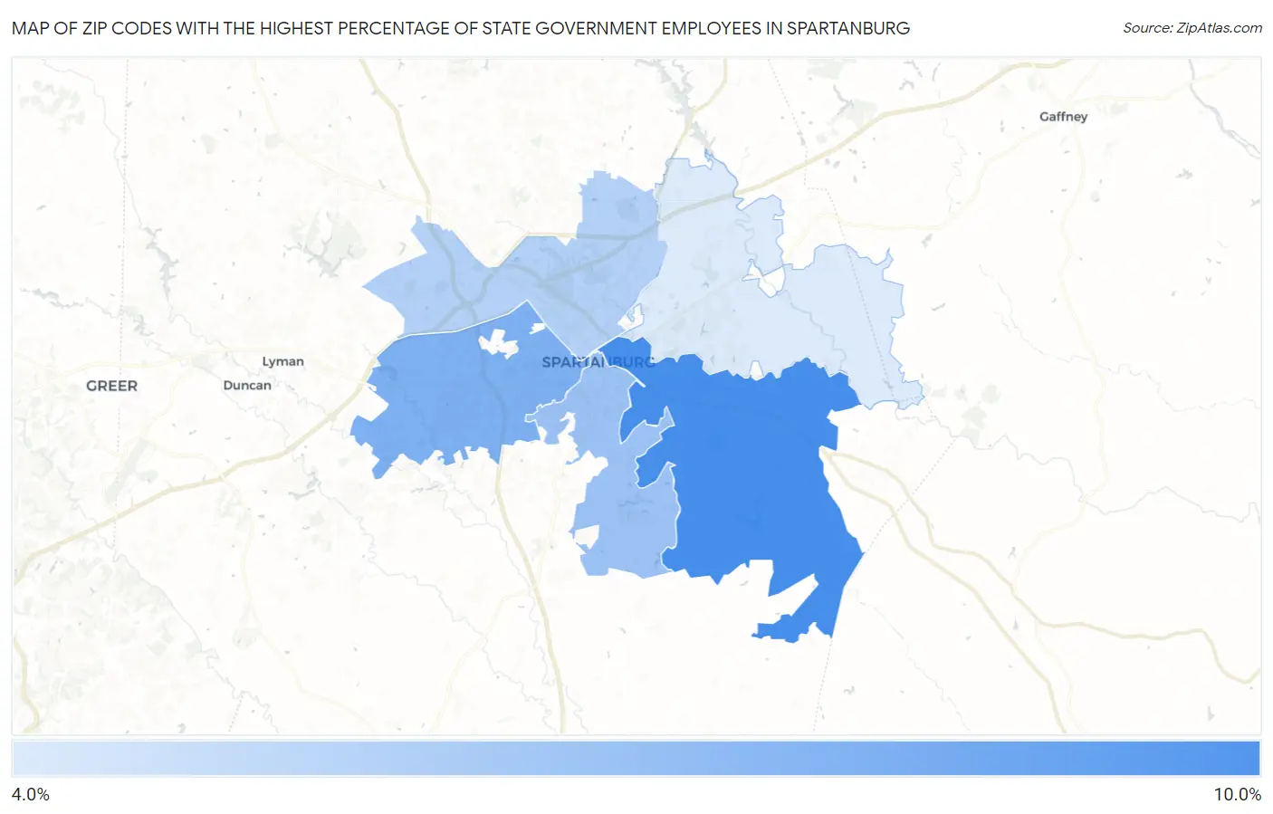 Zip Codes with the Highest Percentage of State Government Employees in Spartanburg Map