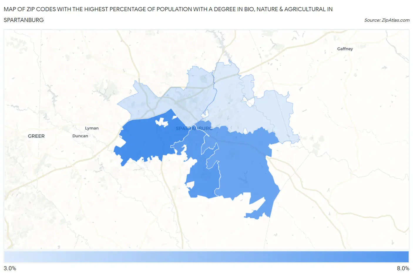 Zip Codes with the Highest Percentage of Population with a Degree in Bio, Nature & Agricultural in Spartanburg Map