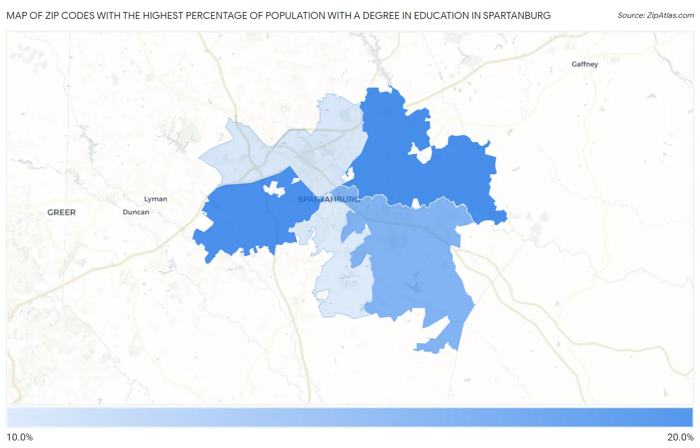 Zip Codes with the Highest Percentage of Population with a Degree in Education in Spartanburg Map