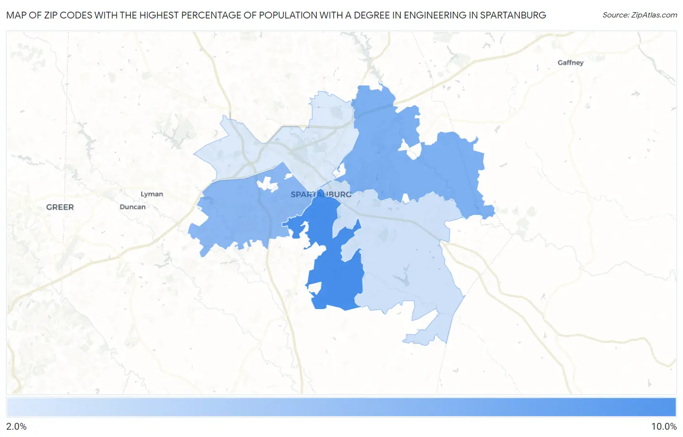 Zip Codes with the Highest Percentage of Population with a Degree in Engineering in Spartanburg Map