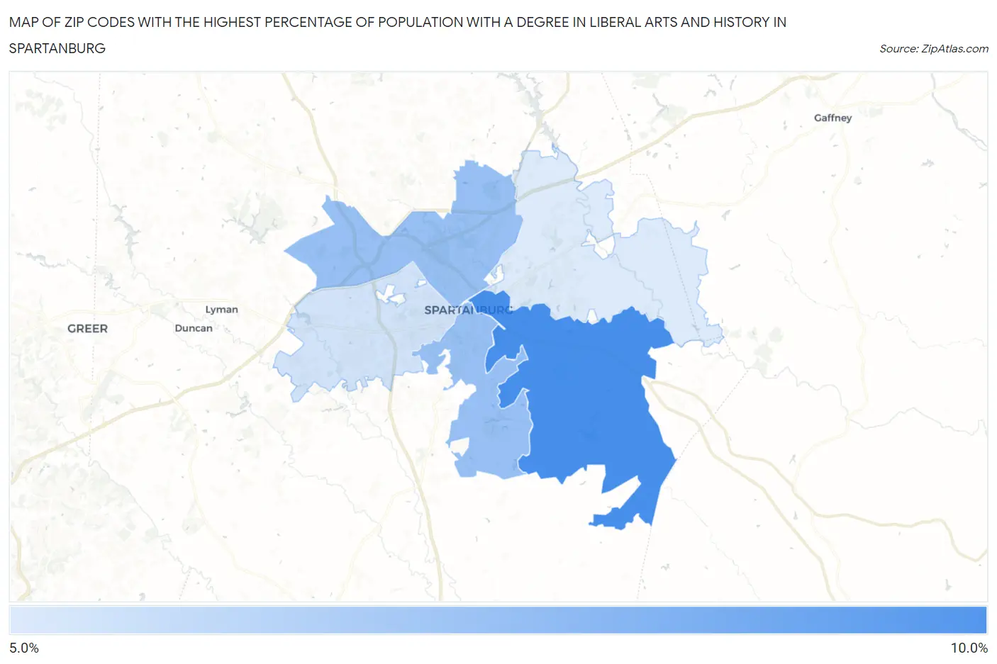 Zip Codes with the Highest Percentage of Population with a Degree in Liberal Arts and History in Spartanburg Map