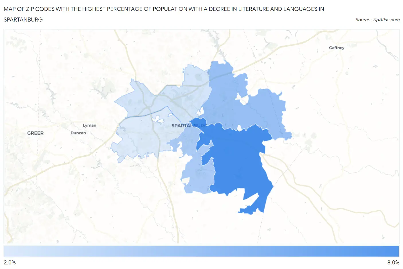 Zip Codes with the Highest Percentage of Population with a Degree in Literature and Languages in Spartanburg Map