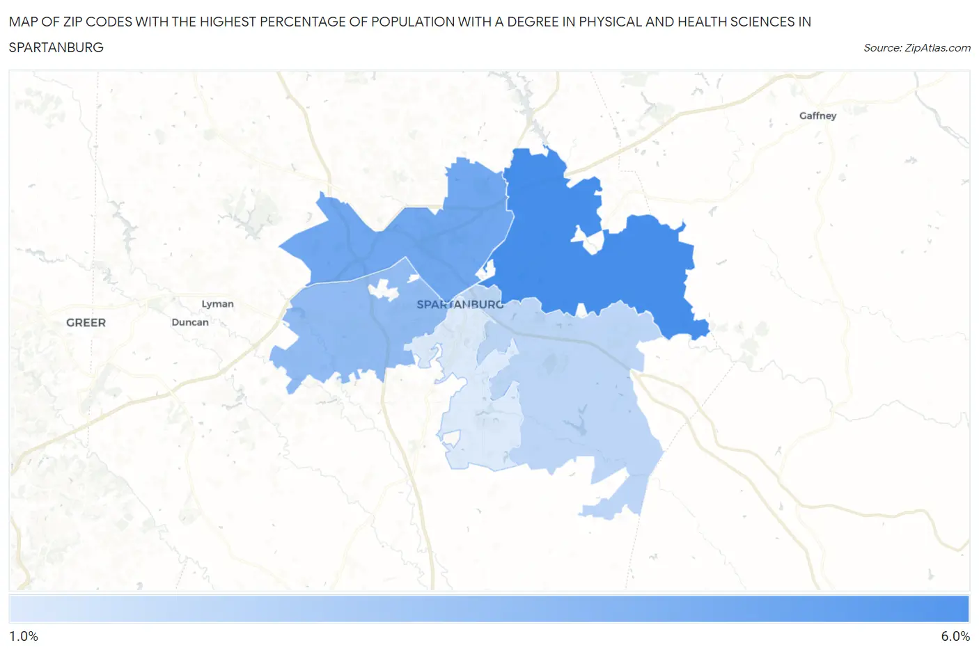 Zip Codes with the Highest Percentage of Population with a Degree in Physical and Health Sciences in Spartanburg Map