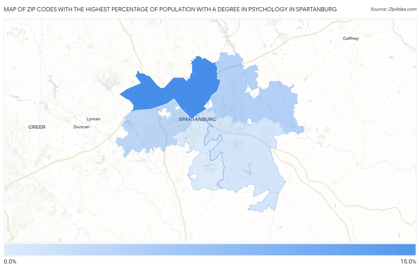 Zip Codes with the Highest Percentage of Population with a Degree in Psychology in Spartanburg Map