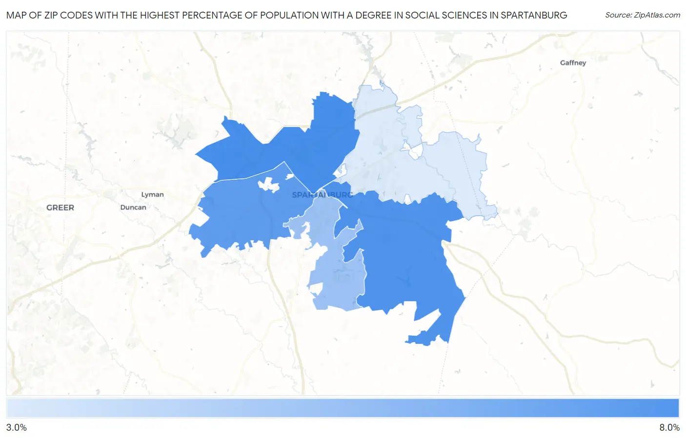 Zip Codes with the Highest Percentage of Population with a Degree in Social Sciences in Spartanburg Map