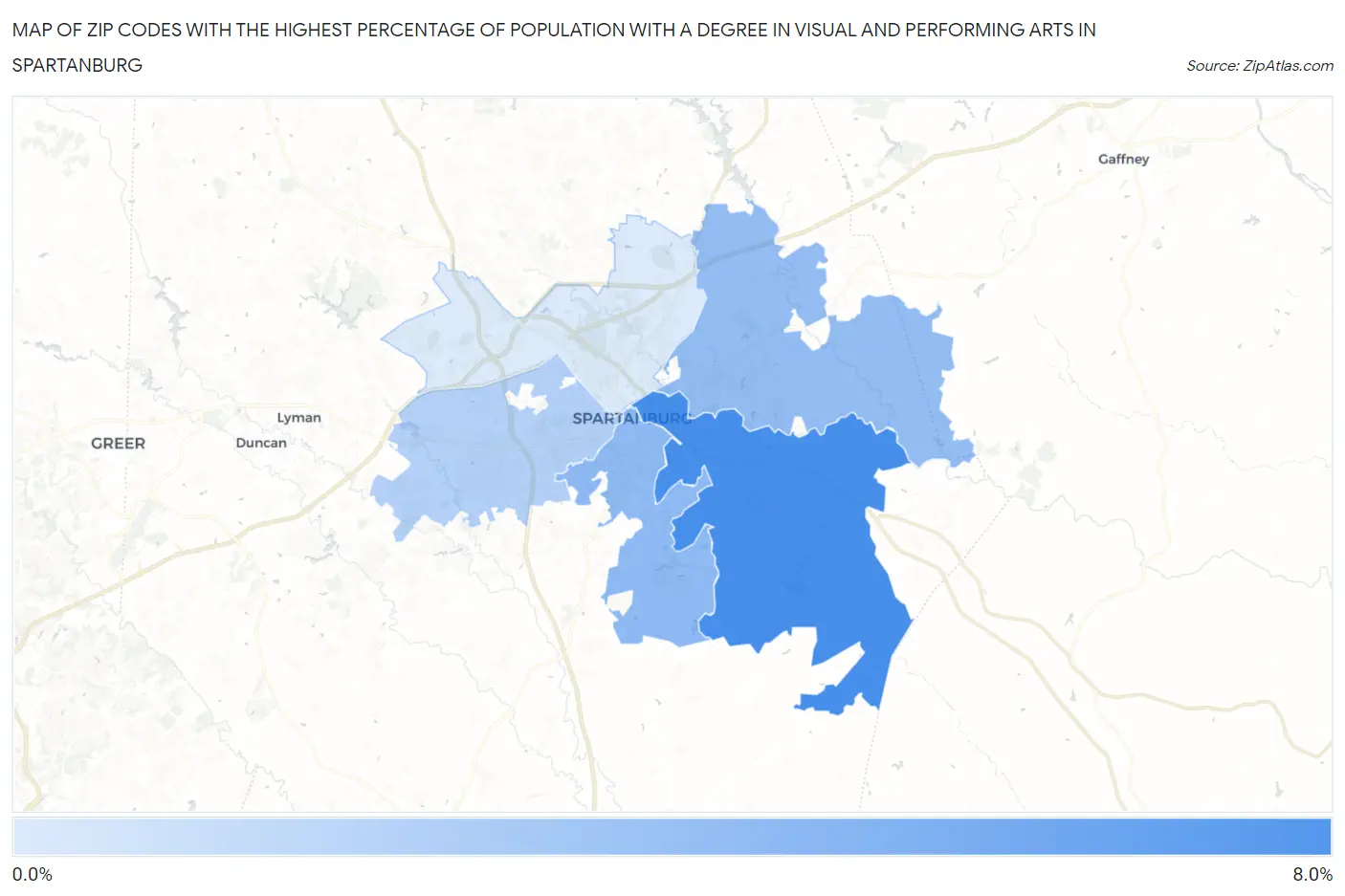 Zip Codes with the Highest Percentage of Population with a Degree in Visual and Performing Arts in Spartanburg Map