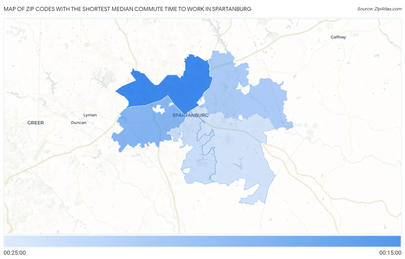 Zip Codes with the Shortest Median Commute Time to Work in Spartanburg Map