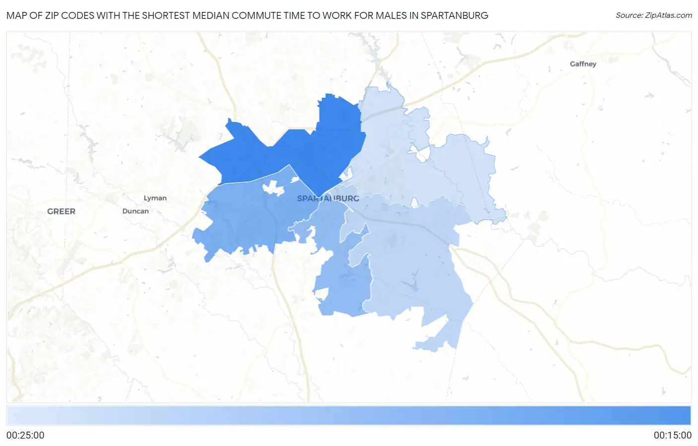 Zip Codes with the Shortest Median Commute Time to Work for Males in Spartanburg Map