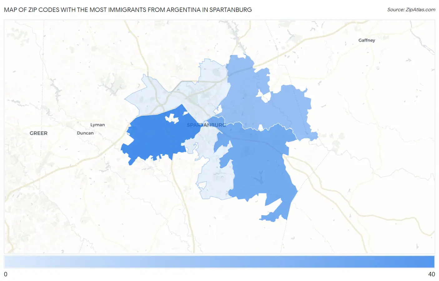 Zip Codes with the Most Immigrants from Argentina in Spartanburg Map