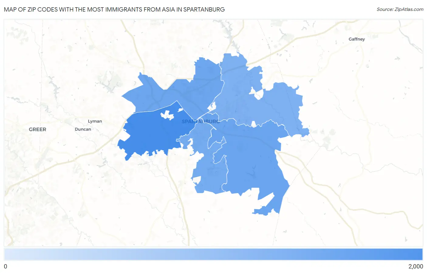 Zip Codes with the Most Immigrants from Asia in Spartanburg Map