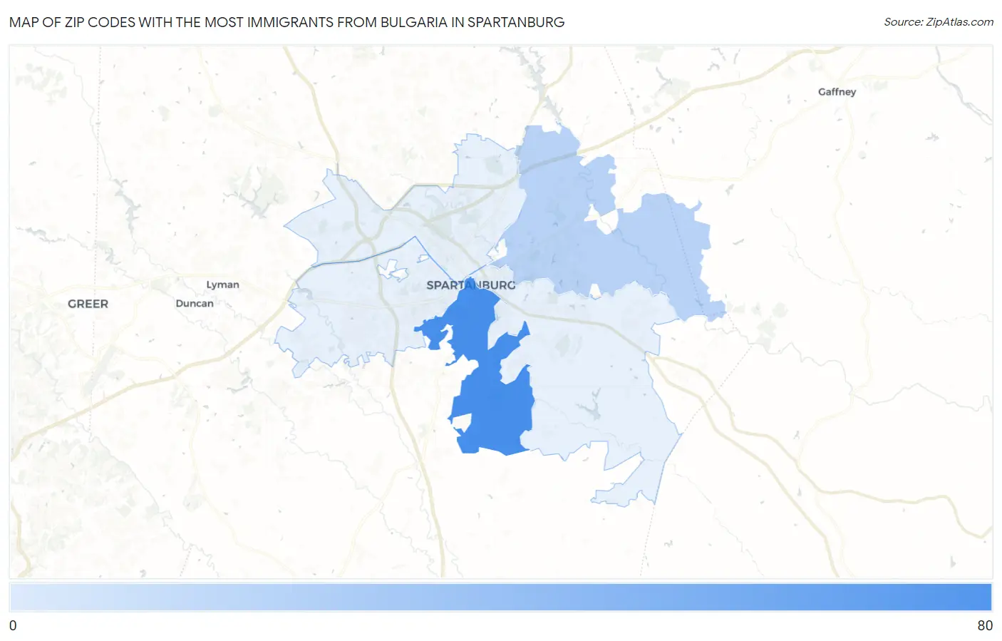 Zip Codes with the Most Immigrants from Bulgaria in Spartanburg Map
