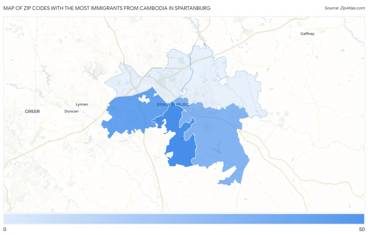 Zip Codes with the Most Immigrants from Cambodia in Spartanburg Map