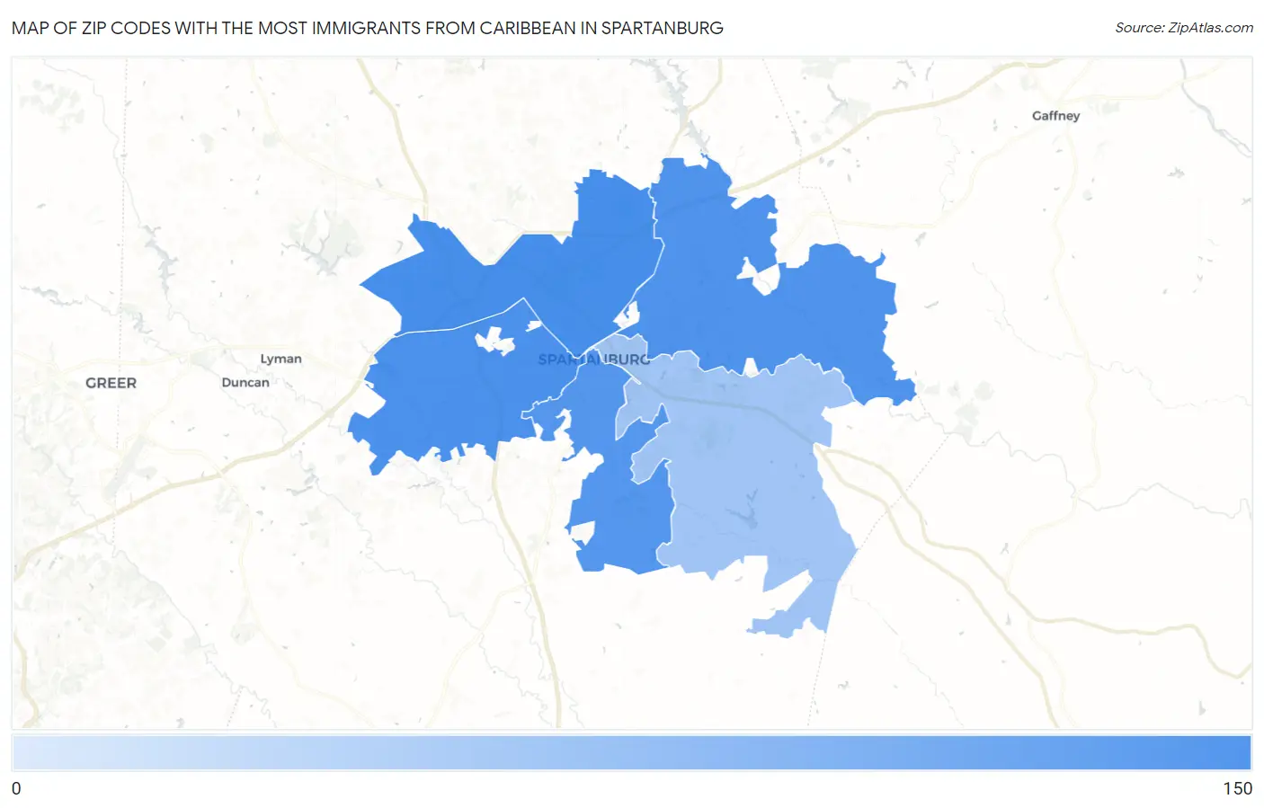 Zip Codes with the Most Immigrants from Caribbean in Spartanburg Map