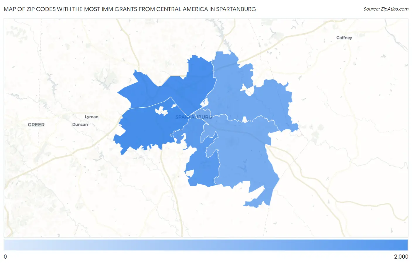 Zip Codes with the Most Immigrants from Central America in Spartanburg Map