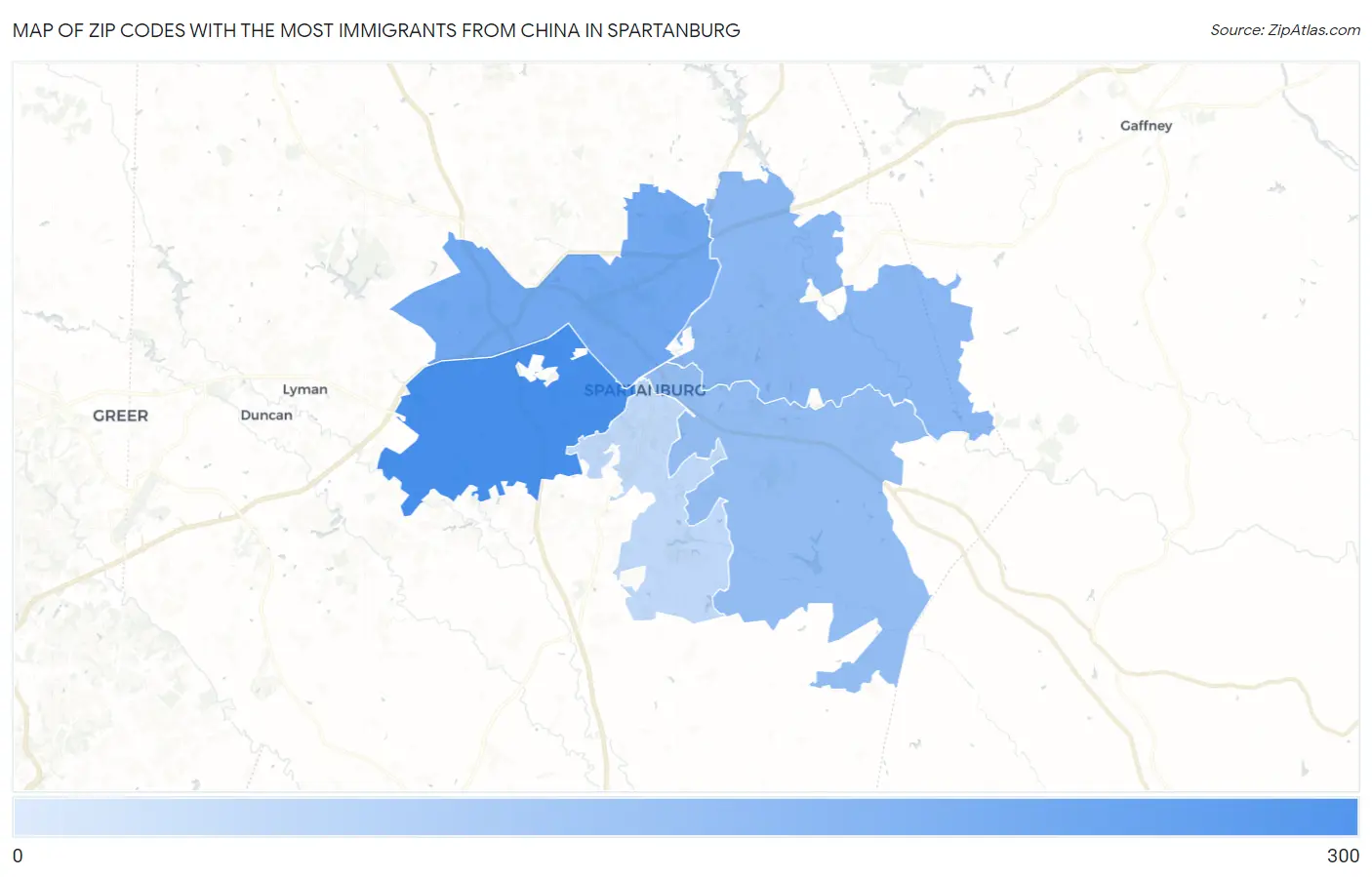 Zip Codes with the Most Immigrants from China in Spartanburg Map