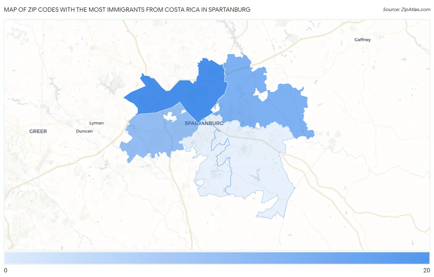 Zip Codes with the Most Immigrants from Costa Rica in Spartanburg Map
