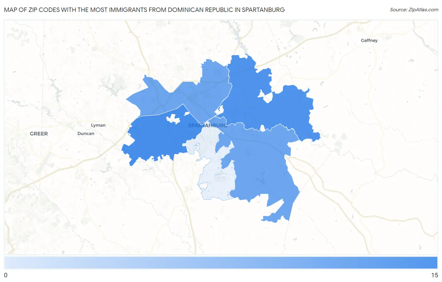 Zip Codes with the Most Immigrants from Dominican Republic in Spartanburg Map